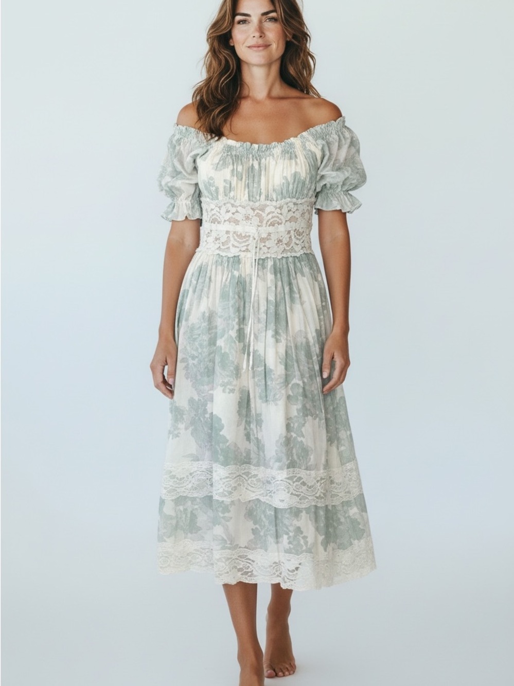 172 Free People Off-Shoulder Lace Midi Dress in Sage Floral